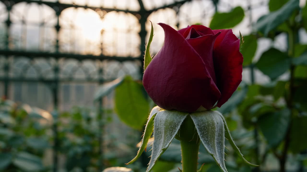 Nærbillede af en rød rosenknop i et drivhus