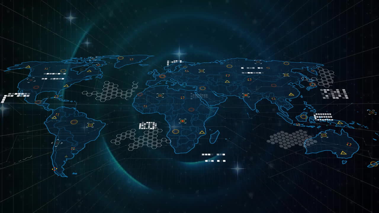 Animation of world map with data processing over circles on black background