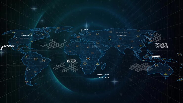 Animation of world map with data processing over circles on black background