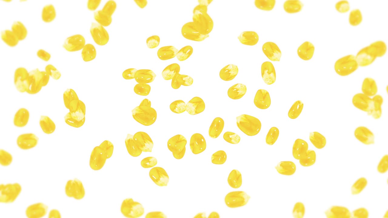 Molti chicchi di mais che volano su sfondo bianco. Semi di mais dolce gialli. Vegetariano. Cibo sano. Animazione 3D in loop di mais che ruota