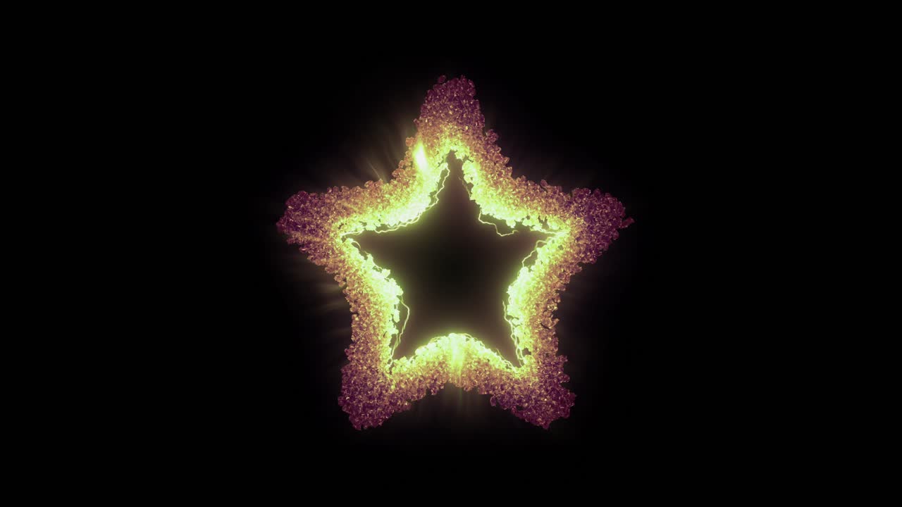 Golden particles form a star with intense yellow lightning arcing inside, pulsing before collapsing into a bright flash. Energetic magic or award VFX
