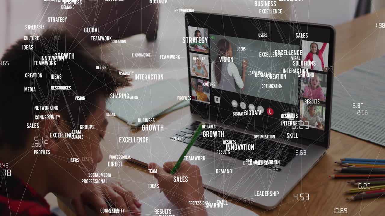 Animation of network of icons and data processing over schoolboy and online schooling on laptop