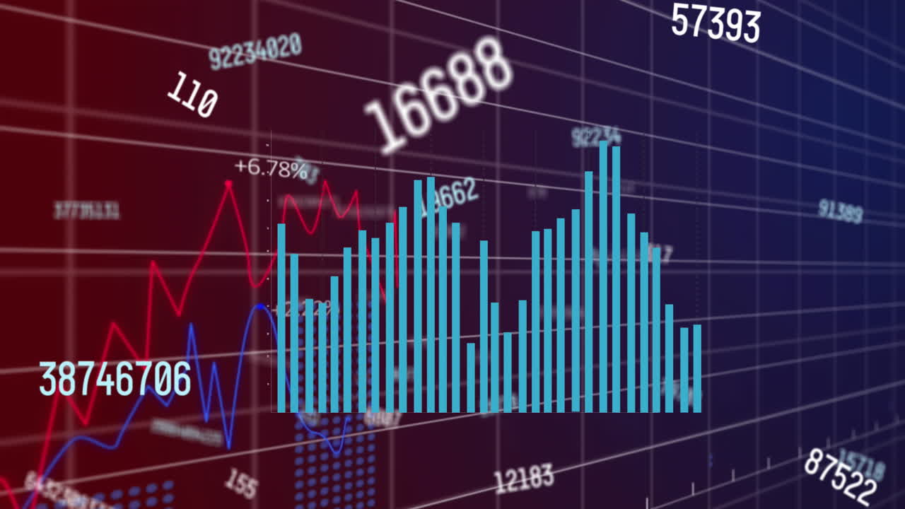 Animation of changing numbers and statistical data processing against purple gradient background