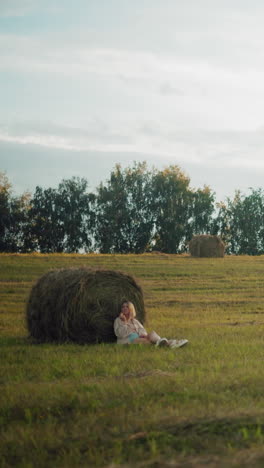 vista distante de una mujer sentada en el suelo, apoyada en una gran bala de heno en tierras de cultivo abiertas, paisaje rural pacífico con balas de heno esparcidas y luz suave de la tarde