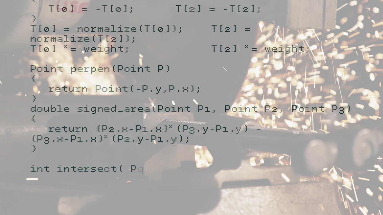 Metal grinder wheel spinning and sending bright sparks flying by code overlay in flat design