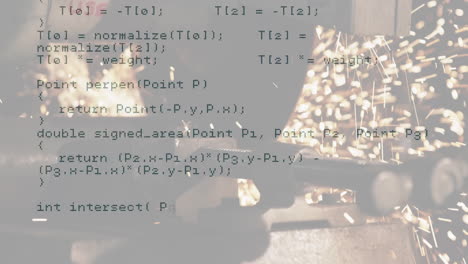 metal grinder wheel spinning and sending bright sparks flying by code overlay in flat design