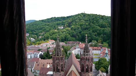 view of the schlossberg and the main nave of freiburg cathedral from the cathedral tower