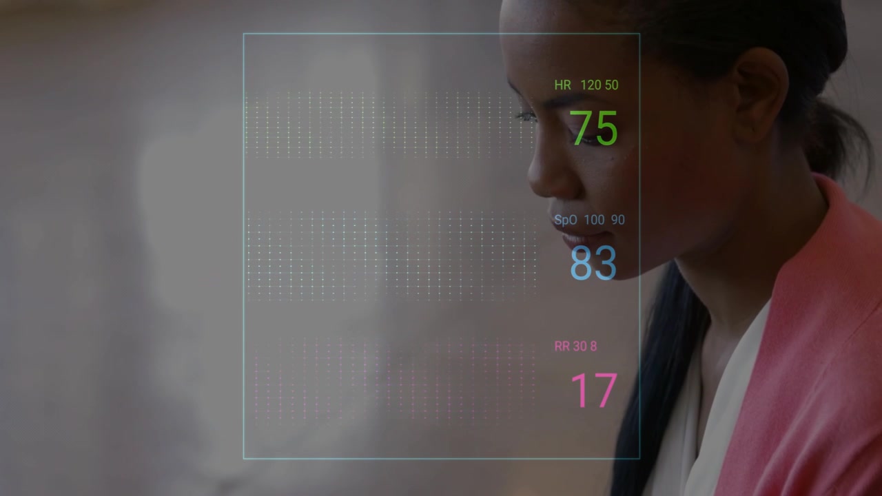 Woman tapping tablet causing HUD updating health waves and vitals for review, colleague joining