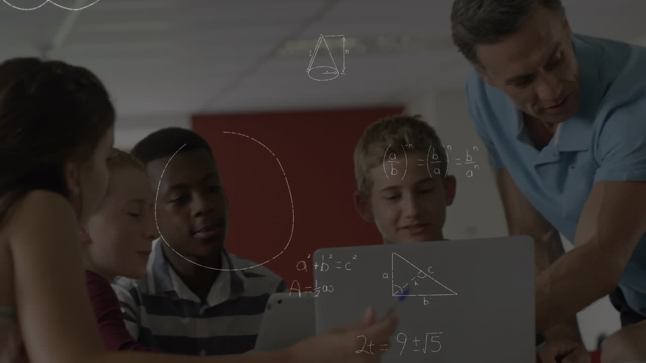 Mathematical equations floating against caucasian male teacher teaching students using laptop