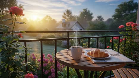 serene morning scene: a cozy balcony with fresh croissants and a warm cup of coffee overlooking a flower-laden garden in early dawn light