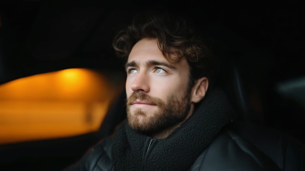 Portrait of a man with a beard wearing a scarf in a car
