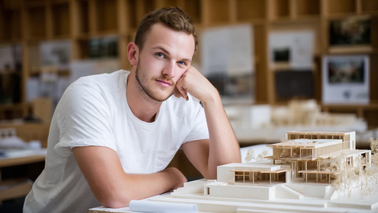 Un giovane architetto mostra con attenzione il suo elaborato modello di design, evidenziando la creatività e l'innovazione nella pianificazione architettonica e nei concetti di design contemporaneo