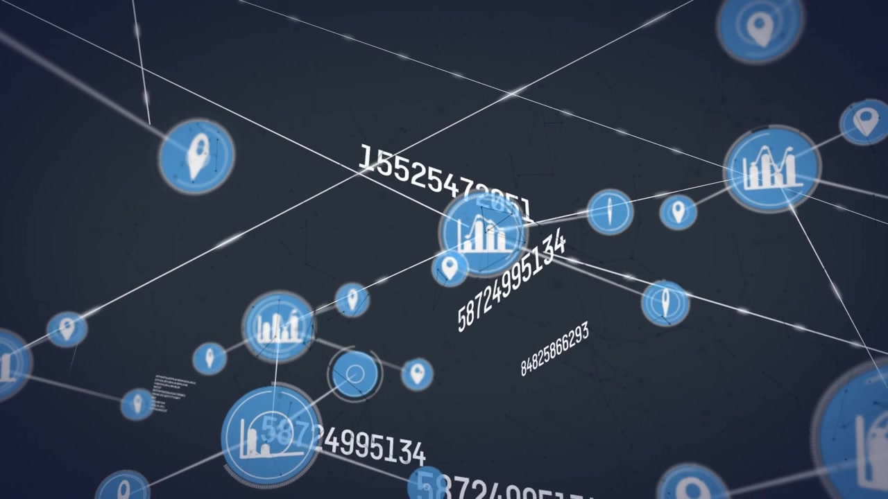 Animación de números e iconos crecientes conectados con líneas sobre puntos iluminados y unidos