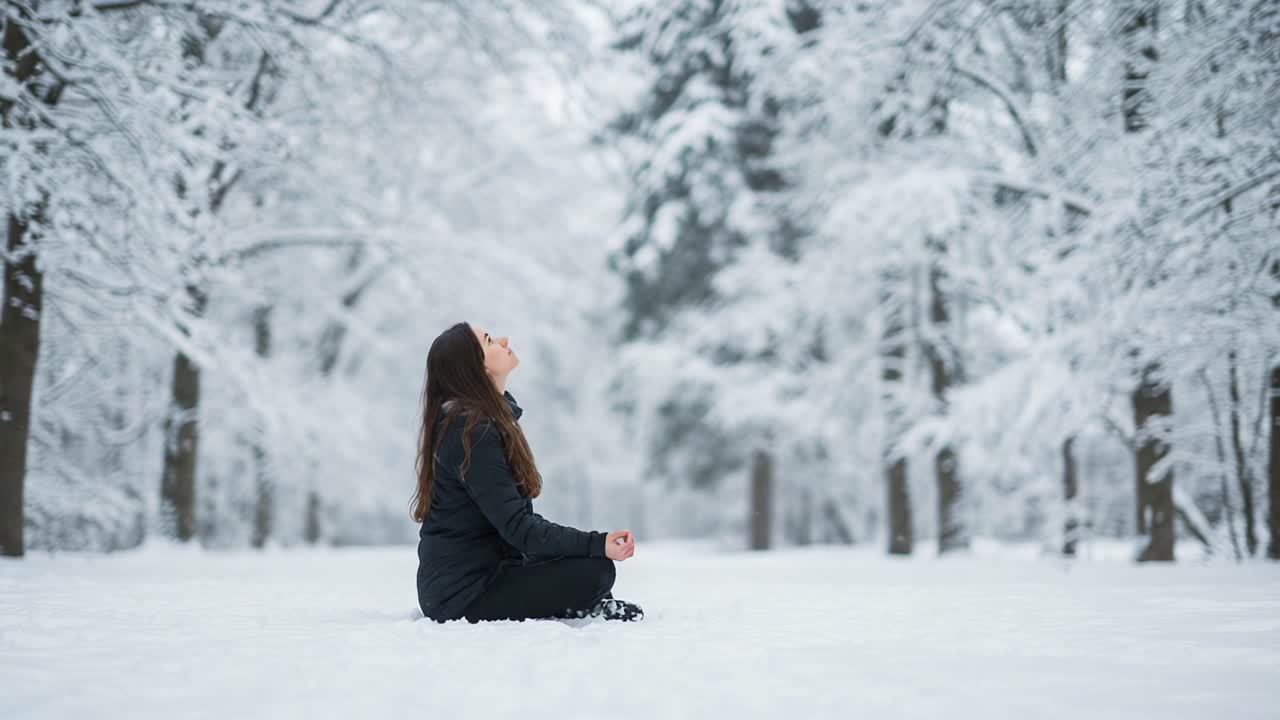 A Moment of Serene Reflection: A Person Meditating Calmly Amidst a Beautiful Winter Wonderland Covered in Glimmering Snow and Flourishing Pines