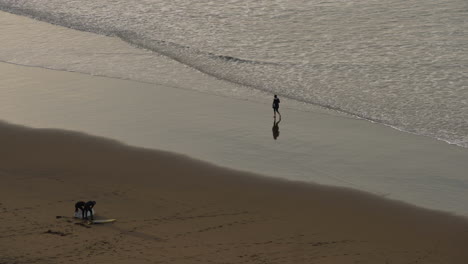 person walking at the shoreline of beach with calm waves during sunset