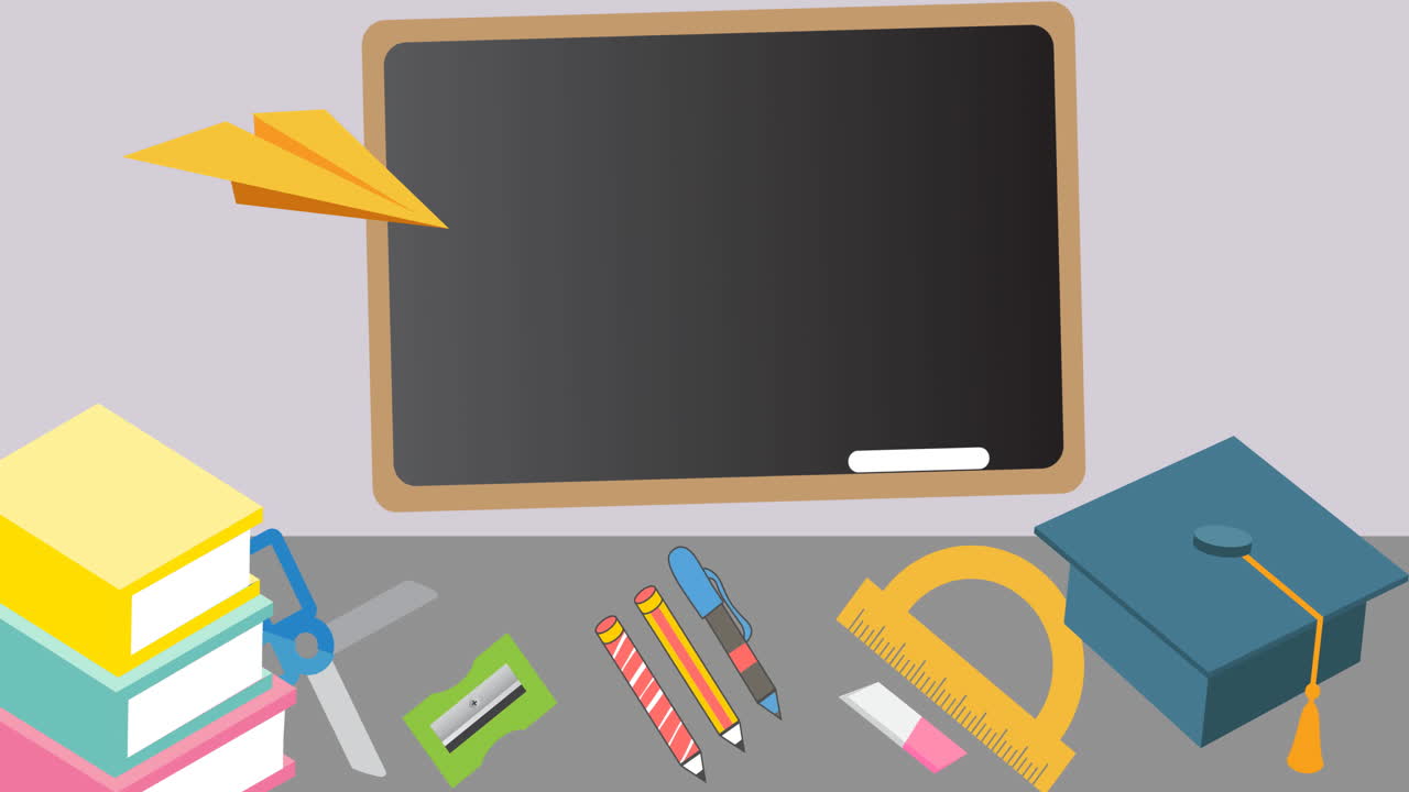 анимация школьных предметов икон, движущихся на сером фоне