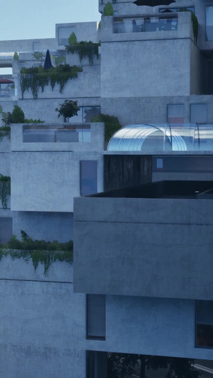 Diseño de edificio moderno con espacios verdes y estructuras de cristal en un entorno urbano