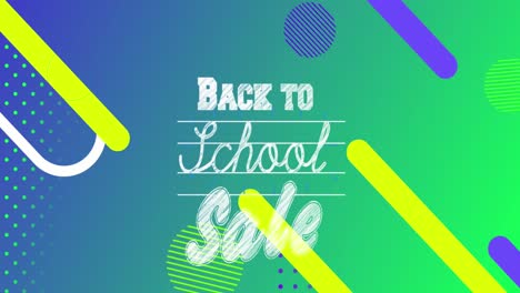 animación de un cartel de venta de texto de regreso a la escuela sobre formas abstractas contra un fondo de gradiente verde