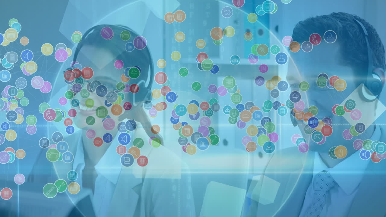 전화 헤드 ⁇ 을 사용하는 비즈니스 사람들에 대한 아이콘과 연결 네트워크의 애니메이션