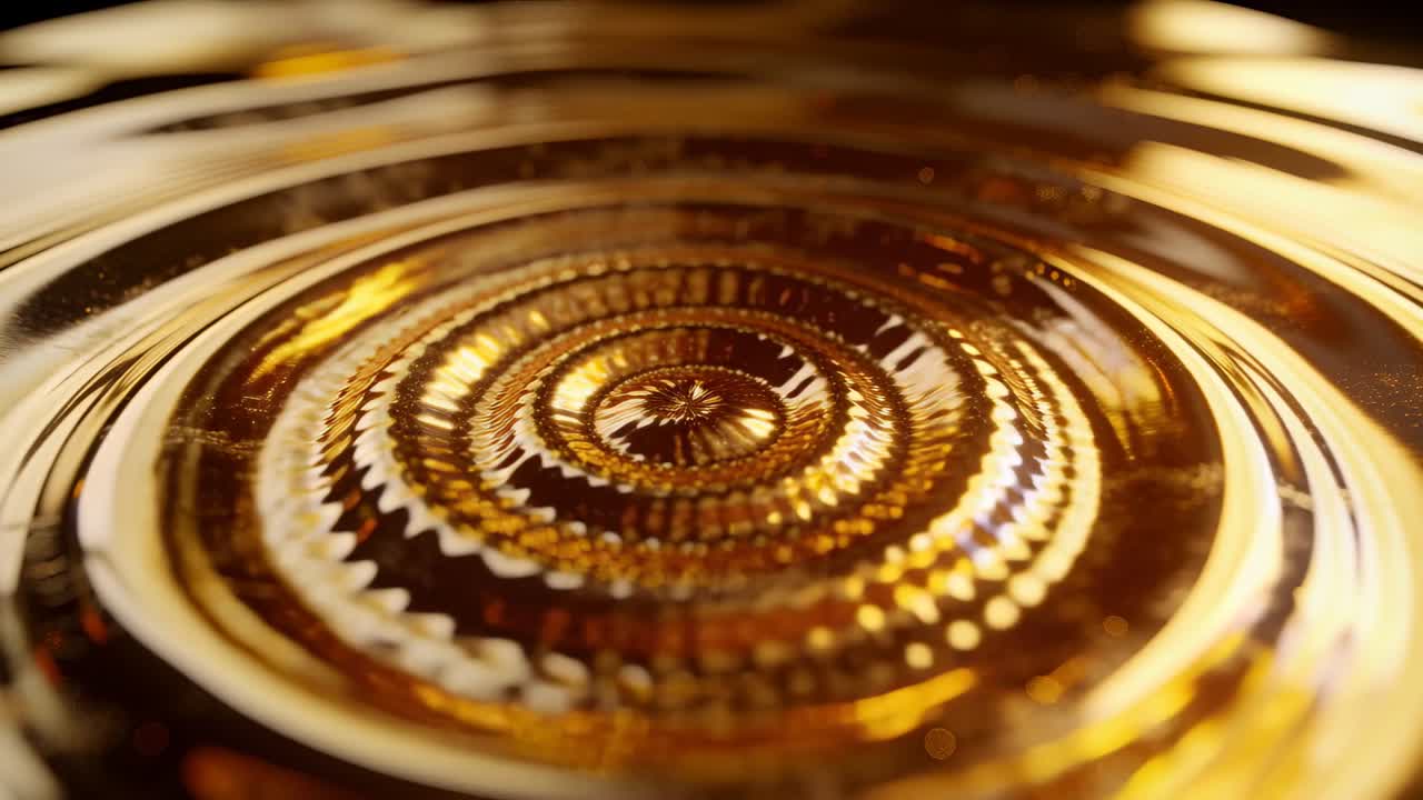 Impatto centrale che crea anelli d'onda su una superficie dorata lucida in macro, rivelando un centro sfaccettato.