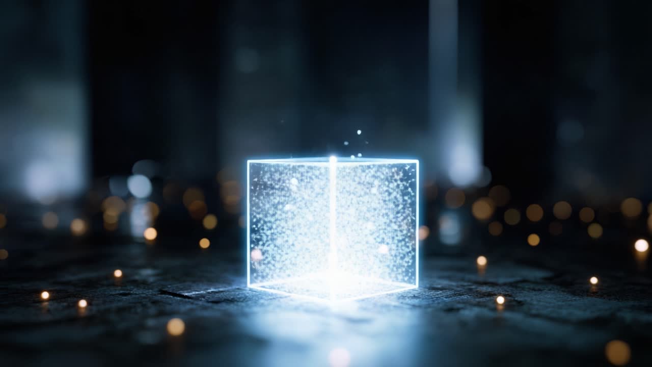 Un cubo trasparente ipnotizzante che emana particelle scintillanti, circondato da luci tremolanti in un'atmosfera fiocamente illuminata, catturando un senso di magia e meraviglia.
