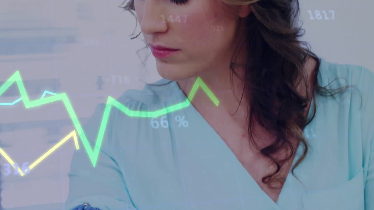 Woman wearing blouse measuring blood pressure, showing animated line graphs and numeric overlays