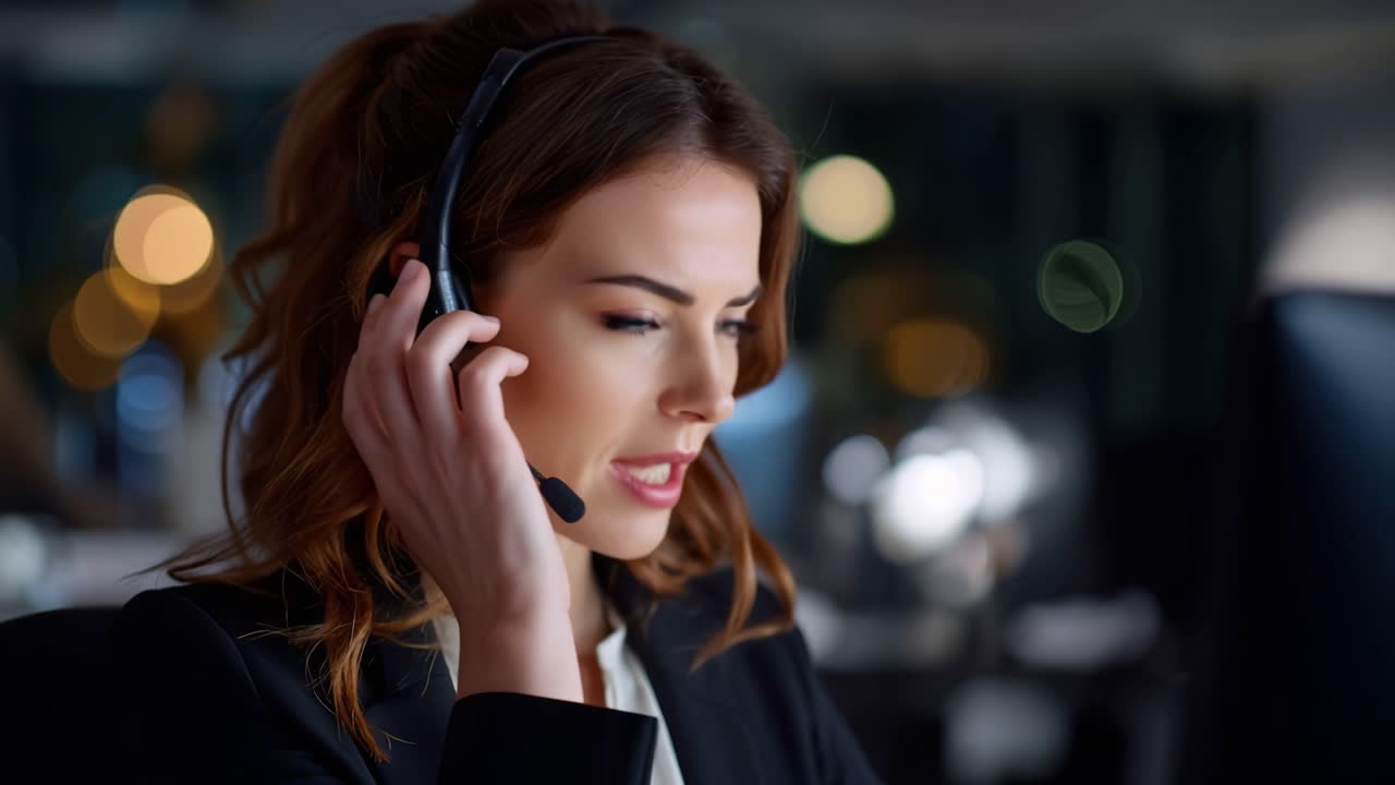 Professional woman wears headset at desk. She listens attentively to client's needs. Her expression shows calm focus and patience. She responds with care during a call