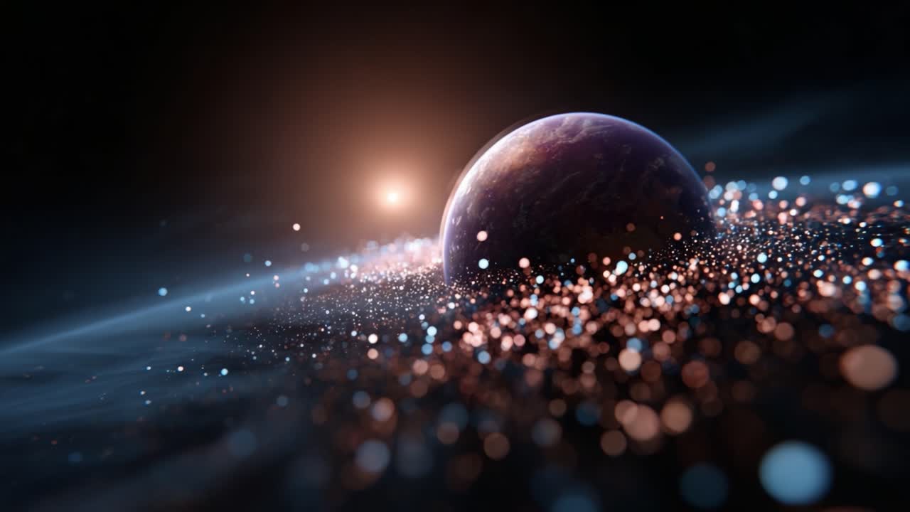 A mesmerizing view of a distant planet illuminated by a glowing star, surrounded by a cosmic sea of shimmering particles and waves of interstellar dust