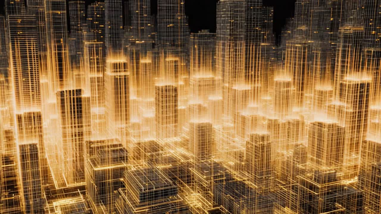 A Stunning Visualization of a Futuristic Urban Landscape, Showcasing Tall Buildings with Luminescent Lines and Dynamic Structures in a City Environment