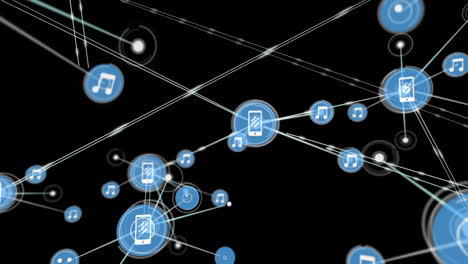 animation of networks of connections with icons over black background