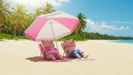 two animated pigs enjoying a relaxing day at the beach under an umbrella while sunbathing on colorful lounge chairs surrounded by palm trees and ocean waves