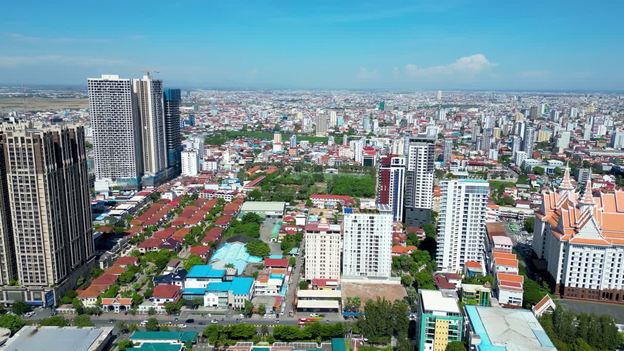 Phnom Penh Cambodia capital city Koh Pich Island building skyline, aerial drone