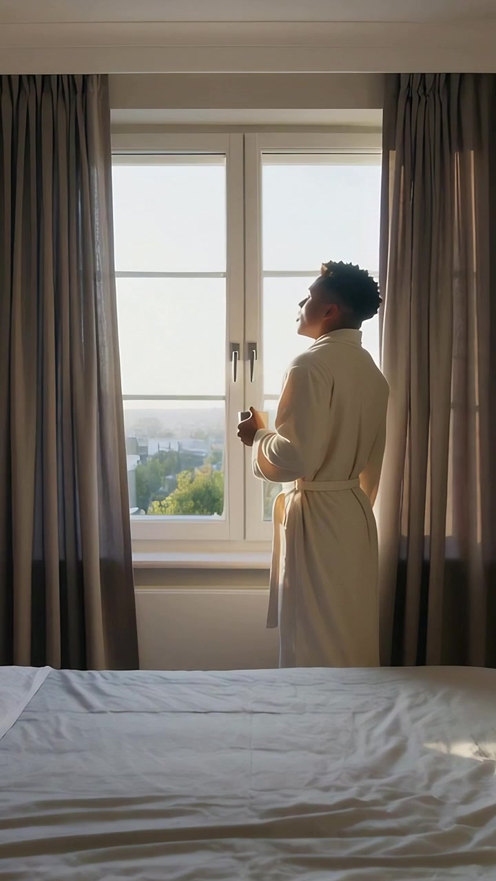 Vertical video: Noticing sun, man in bathrobe opening curtains to window by bed with cup for sun