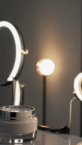 modern vanity with cream jar and ring lights
