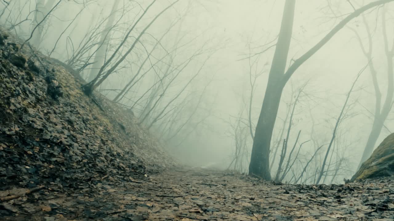 Visuale in prima persona di una passeggiata lungo un sentiero fangoso in un bosco durante una nebbiosa giornata invernale. Scenario naturale con nebbia e alberi spogli, perfetto per contenuti di viaggio e sulla natura.