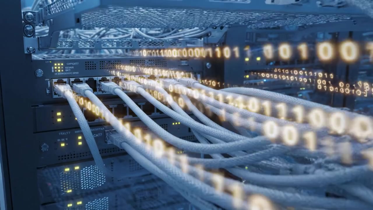 A High-Tech Server Room Featuring Advanced Networking Equipment, Fiber Optic Cables, and Data Processing Units in a Modern Digital Infrastructure Environment