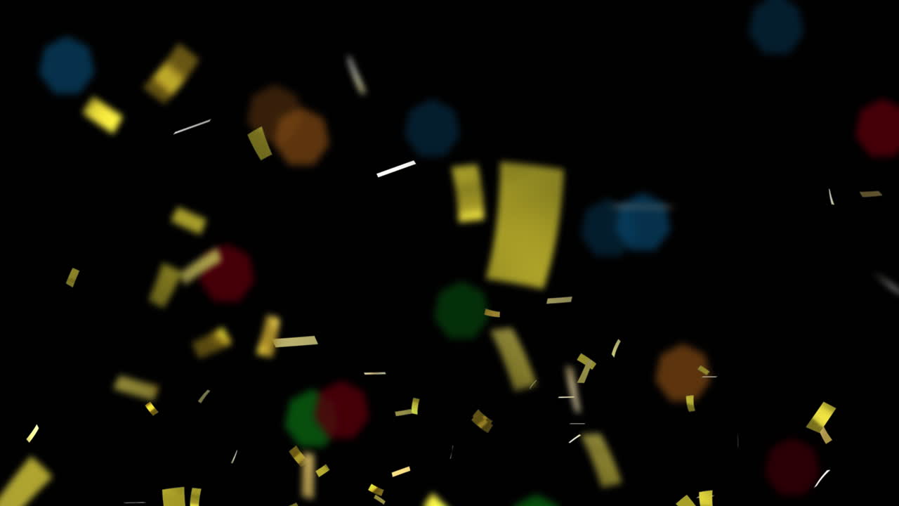 Animation of confetti falling and christmas fairy lights flickering over black background