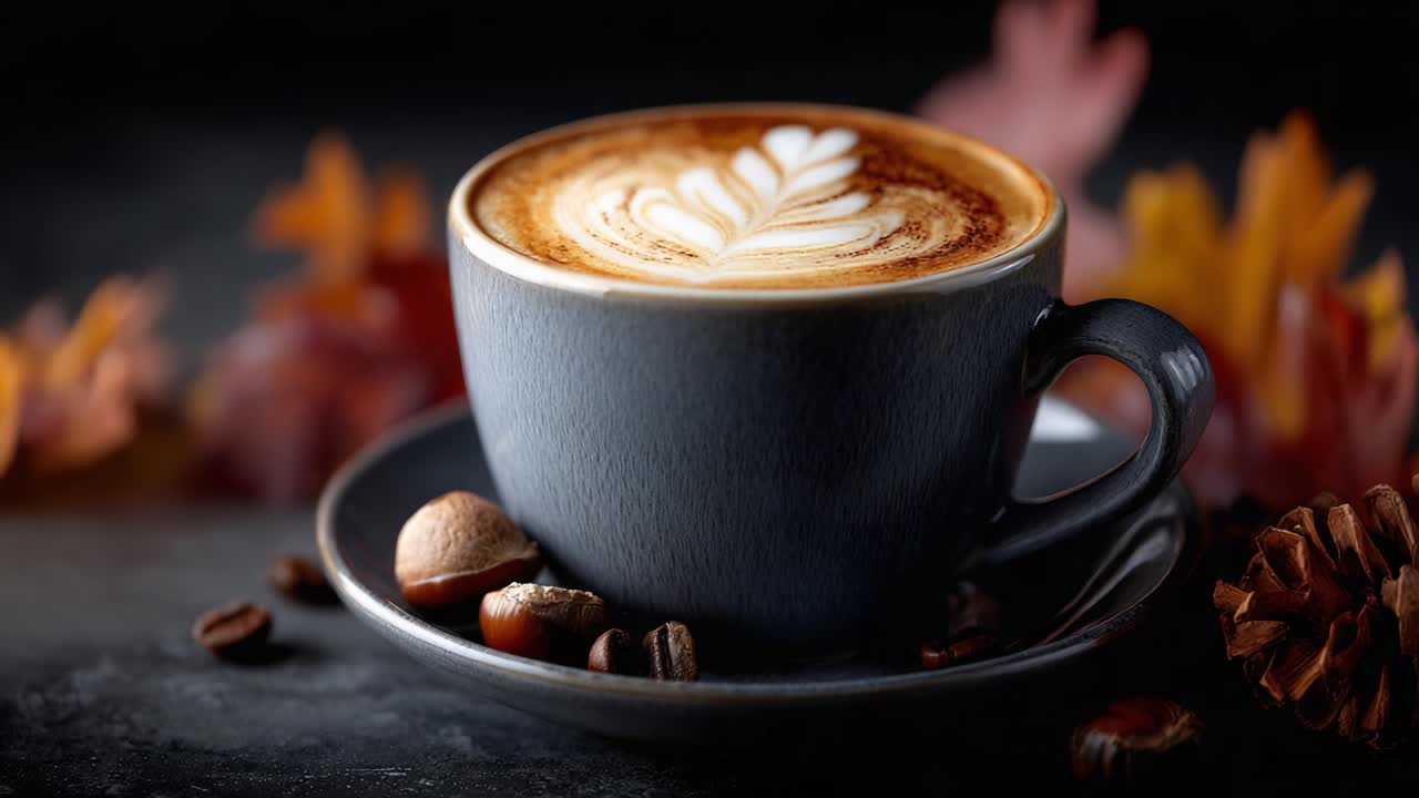 A Stunning Close-Up of a Beautifully Crafted Coffee Cup with Intricate Latte Art Surrounded by Autumn Leaves and Coffee Beans