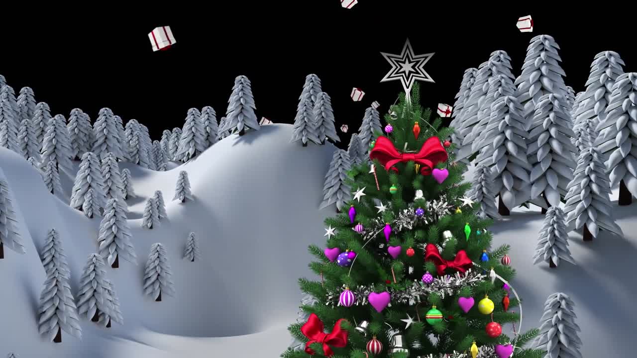 검은 바탕에 떠다니는 크리스마스 선물 아이콘에 대한 겨울 풍경의 크리스마스 트리