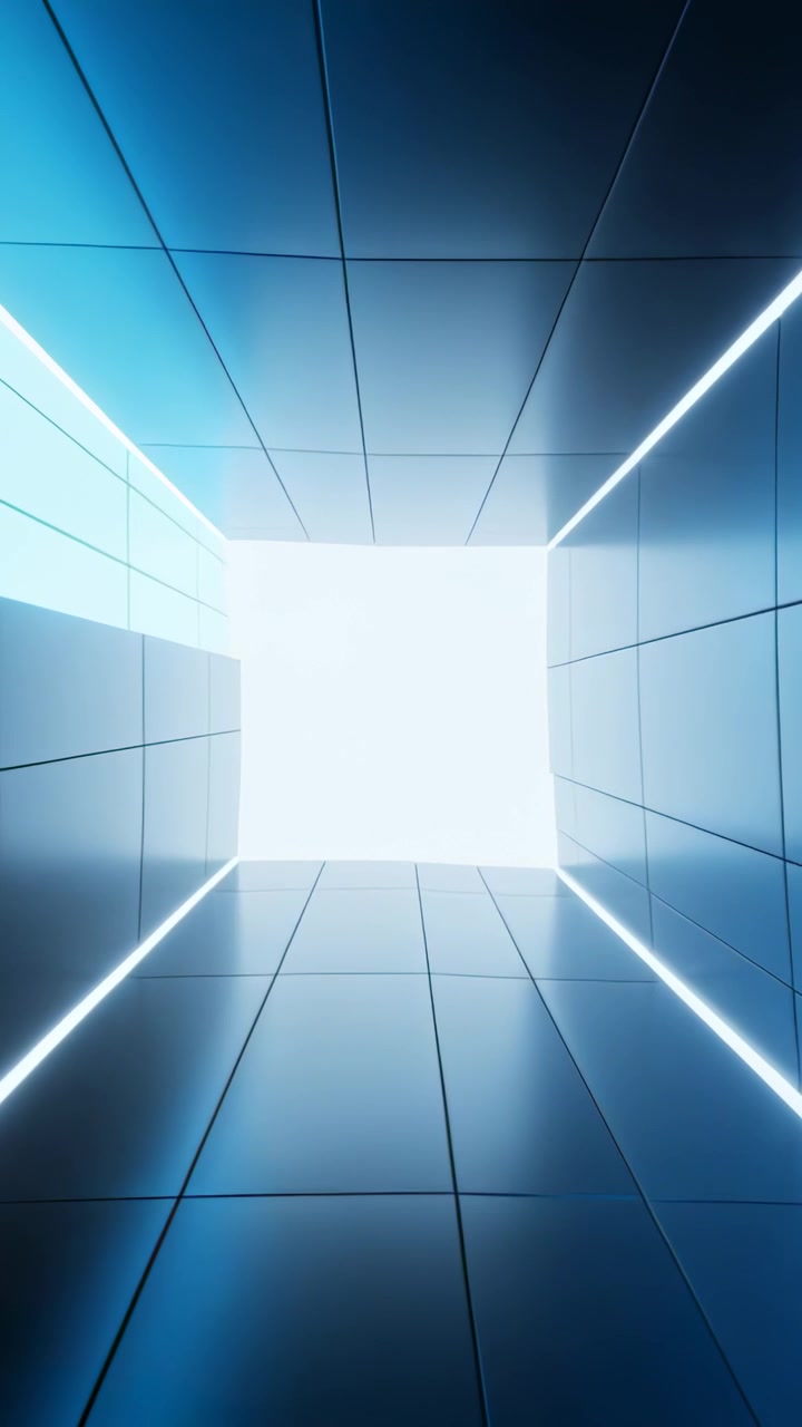 Vertical video: Moving camera showing tiled hall heading toward bright square portal with LED