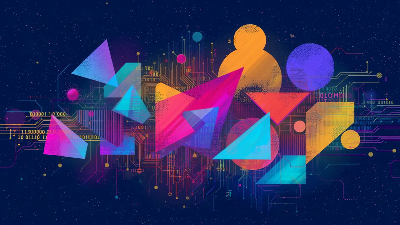 Starting playback centered geometric shapes staying on deep-blue circuit backdrop, with code