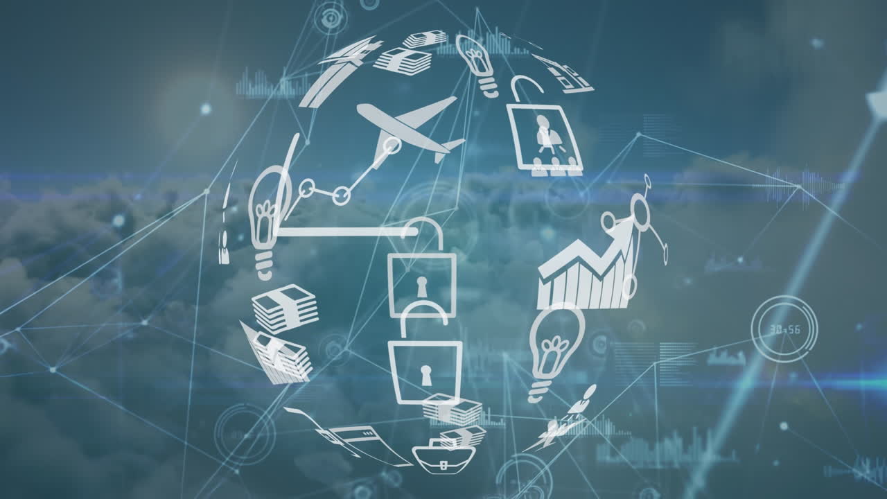 구름이 있는 하늘 위의 연결 네트워크와 아이콘의 애니메이션