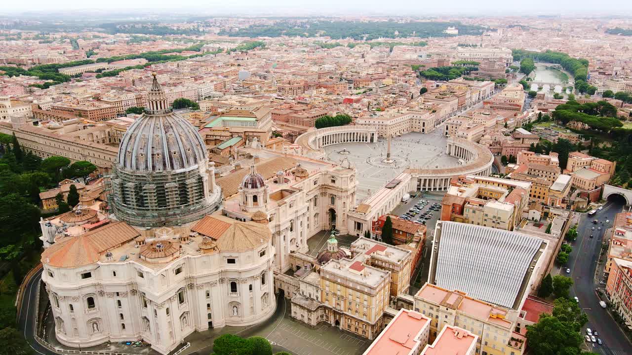 Sacred Vatican complex with basilica, square and obelisk seen from high altitude