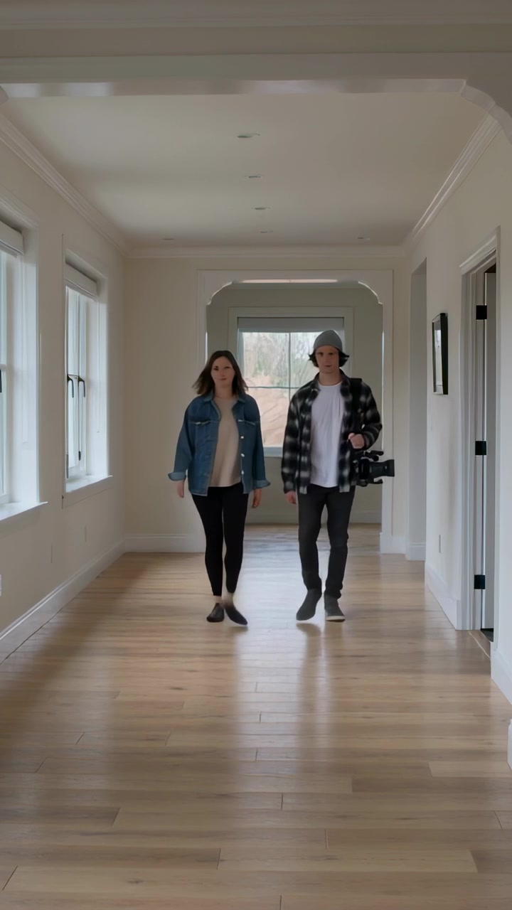 Vertical video: Entering woman walking in home hall from right, man in hat with camera filming tour