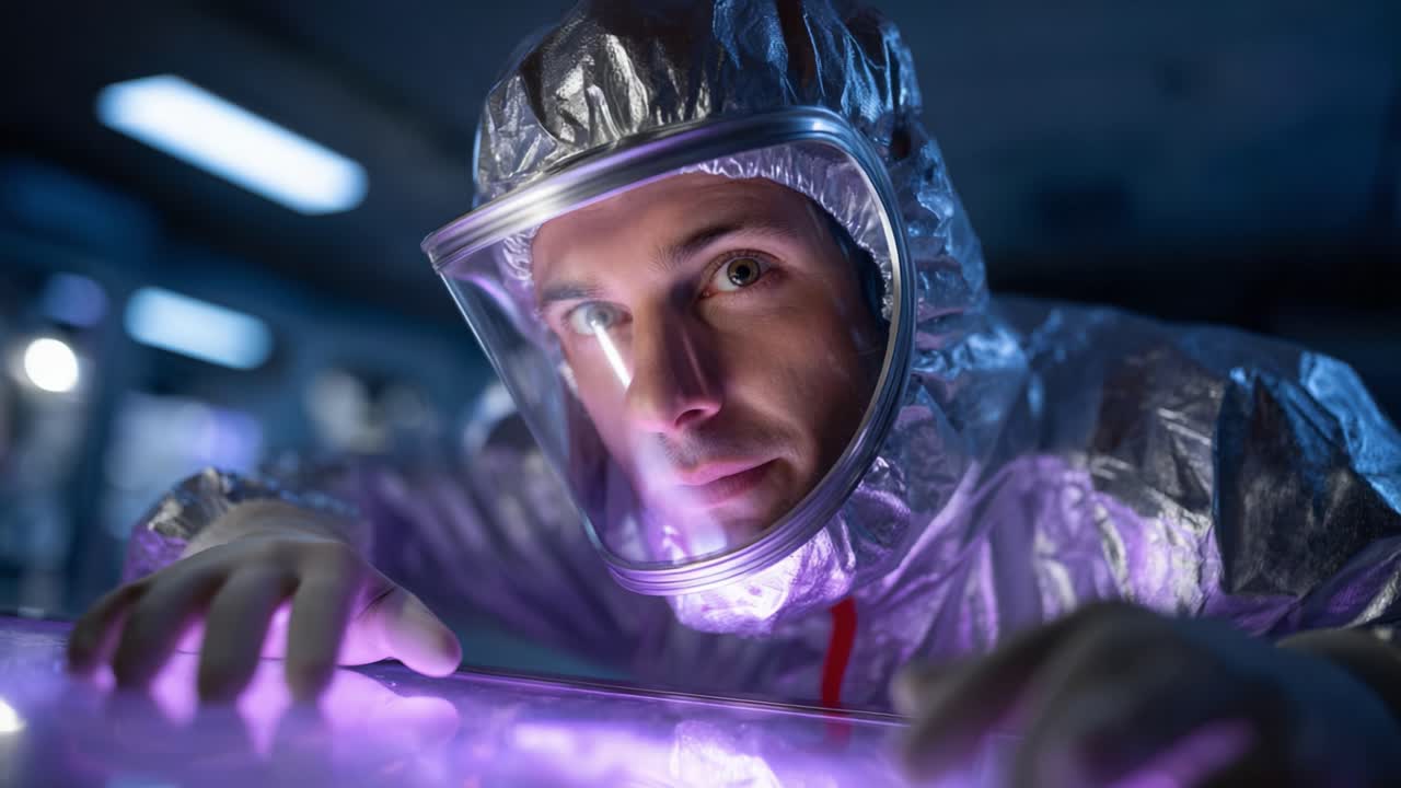 Una figura affascinante in una tuta futuristica scruta attraverso una superficie trasparente, immersa in un'atmosfera di tecnologia avanzata ed esplorazione scientifica