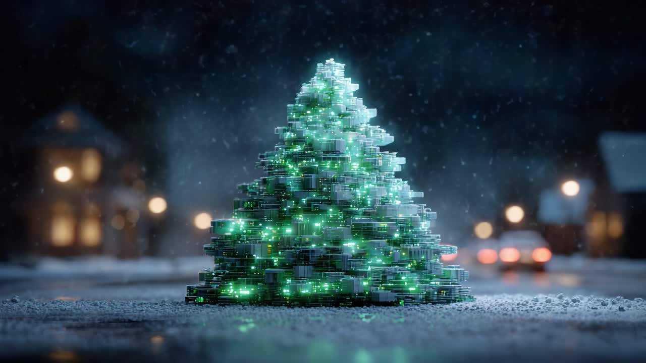 A Stunning 3D Render of a Glowing Christmas Tree Surrounded by Snowfall, Creating a Magical Winter Scene Filled with Holiday Cheer and Joyful Lights