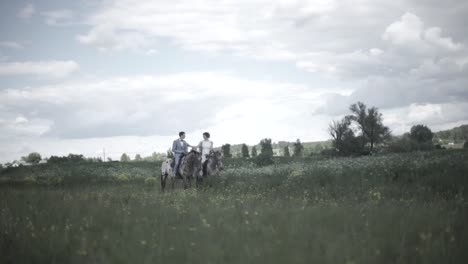 couple on horses in a field