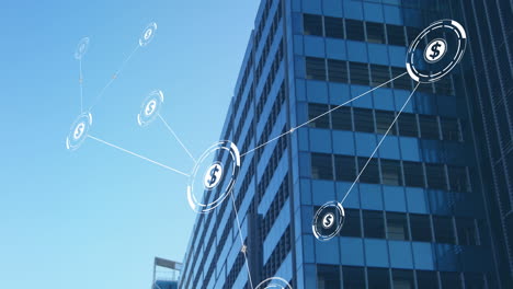 animación de la red de conexiones con iconos sobre edificios modernos