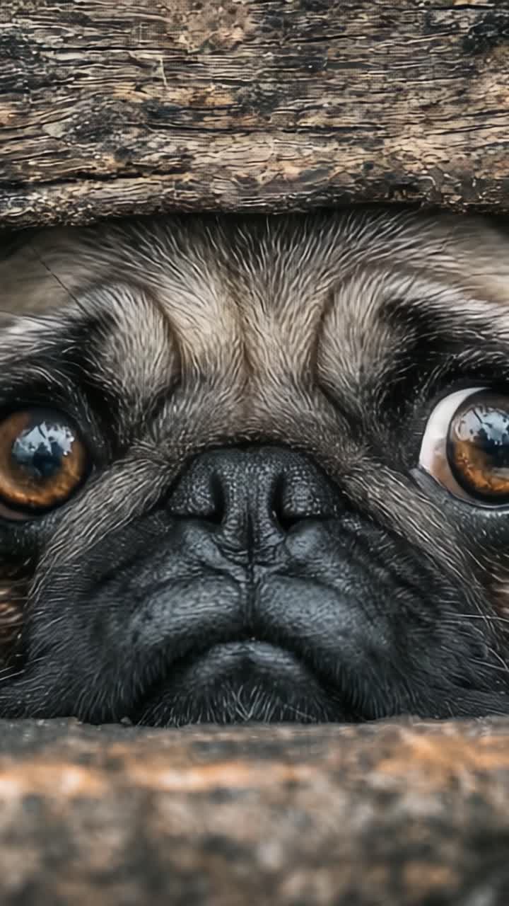 Um Close-up de um Cão Pug Olhando Curiosamente Através de uma Barreira de Madeira, Capturando a Expressão Intrigada e os Olhos Reflexivos em um Detalhe Deslumbrante