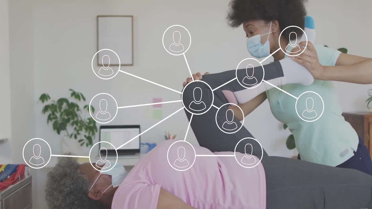 Assisting patient with leg exercise, physical therapist using network connections animation